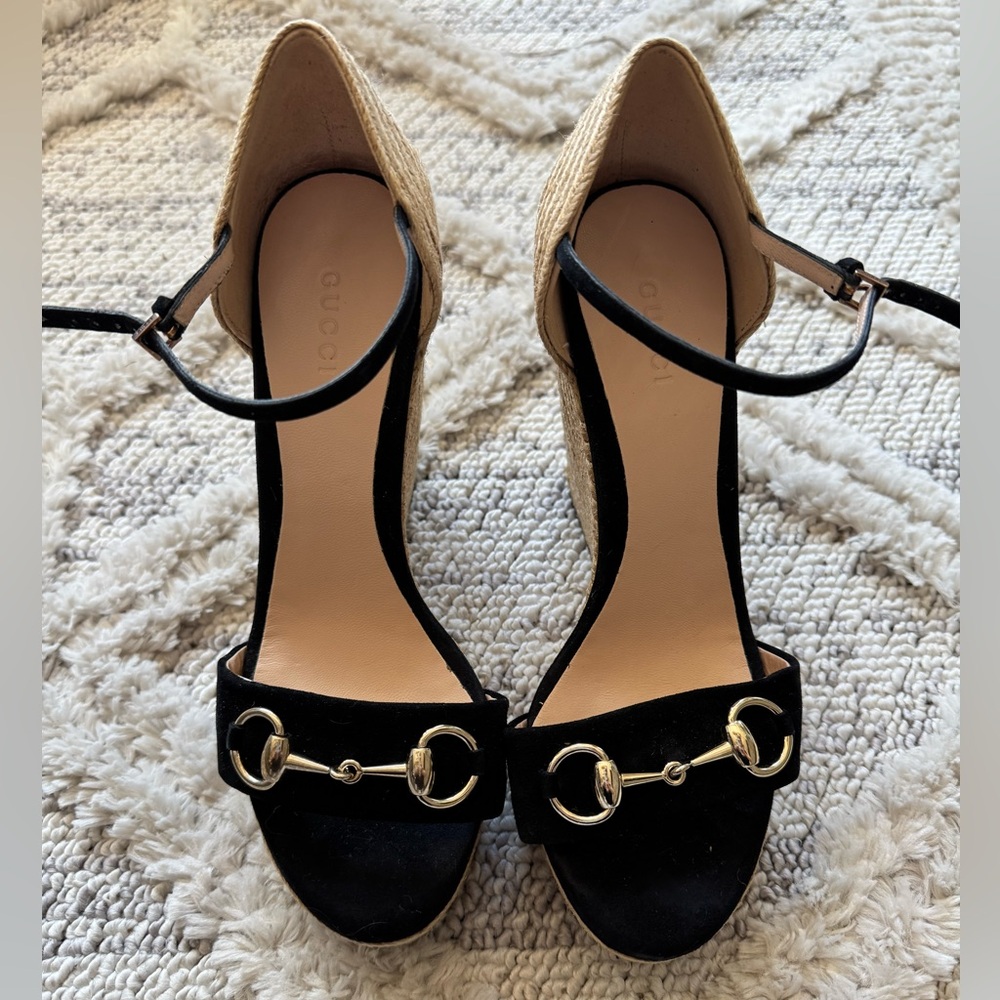 Gucci Horsebit Suede Wedge Espadrille Platform Wedge Black Suede Sandals S 37